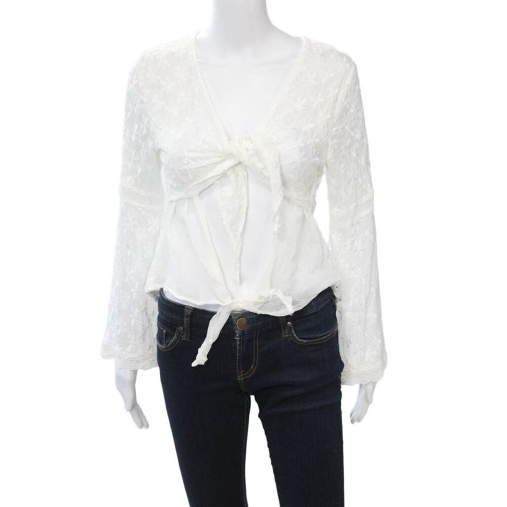 Sunday Saint Tropez Women White Floral V Neck Button Up Blouse Size S